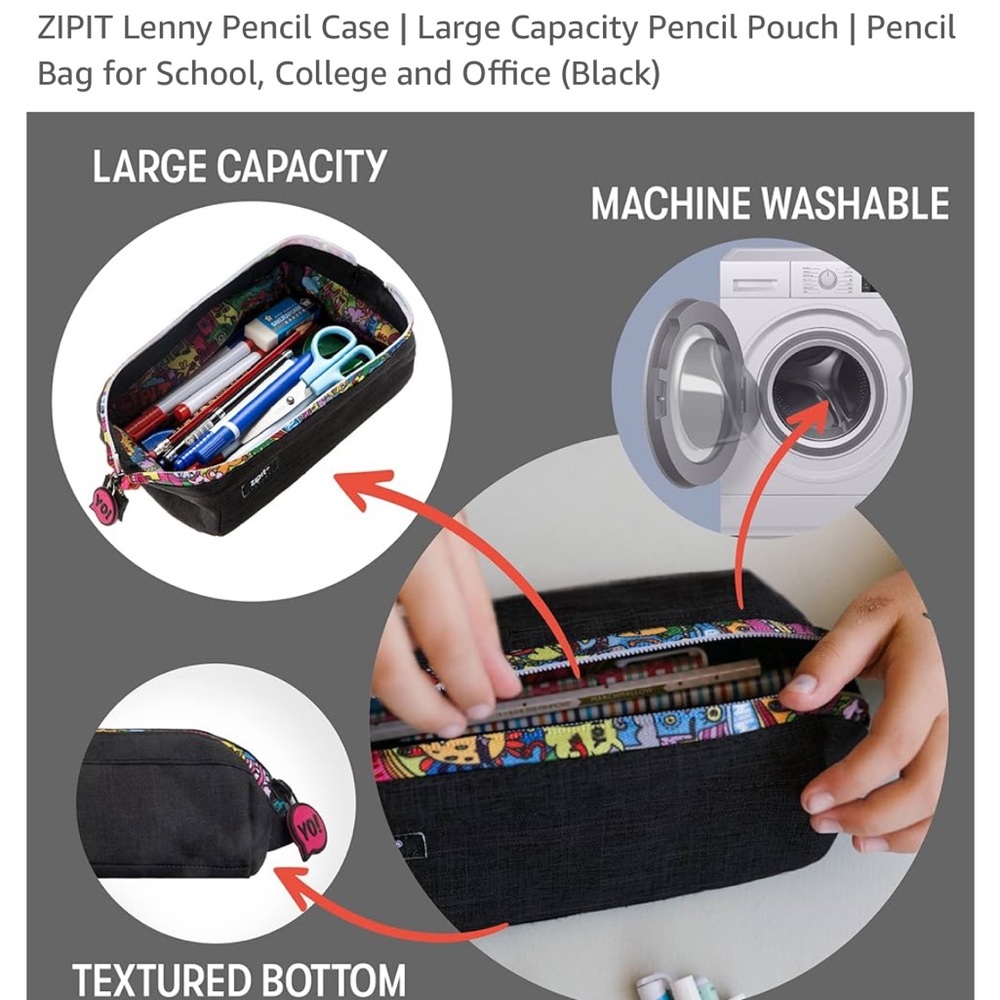 ZIPIT Lenny Pencil Case - Black with Colorful Interior and waist strap New! - Picture 8 of 10